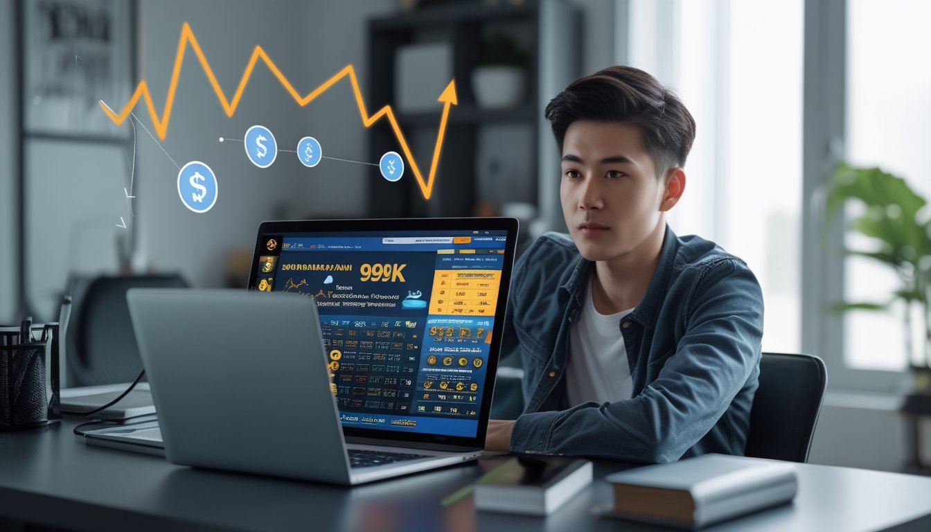 Seorang pria muda duduk di meja dengan laptop terbuka, menunjukkan antarmuka situs taruhan online, dikelilingi grafik dan ikon yang melambangkan keuntungan dan keamanan.