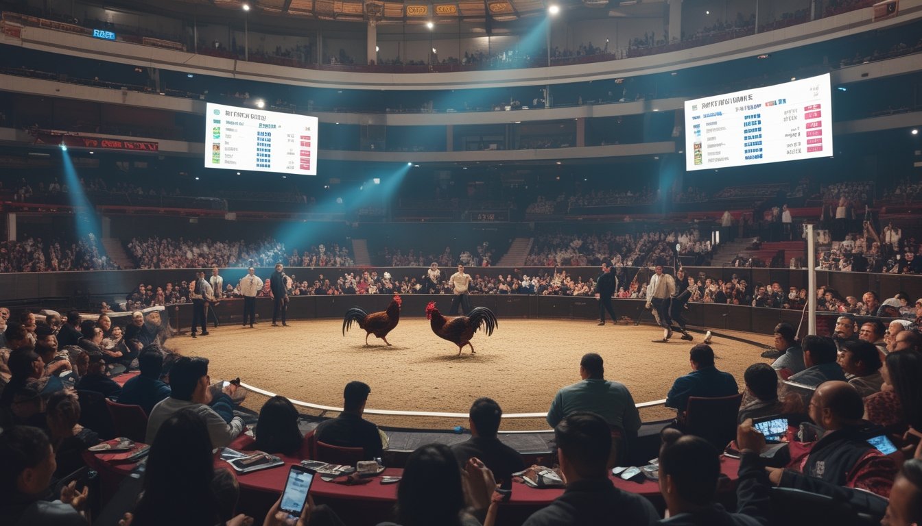 Kerumunan orang menonton pertarungan ayam aduan di arena dengan layar digital di latar belakang dan beberapa orang menggunakan ponsel.