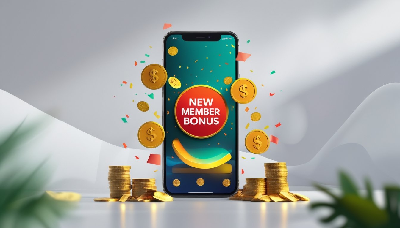 Seorang pengguna memegang ponsel dengan layar menampilkan tema promosi bonus anggota baru dengan elemen koin dan confetti di latar belakang.