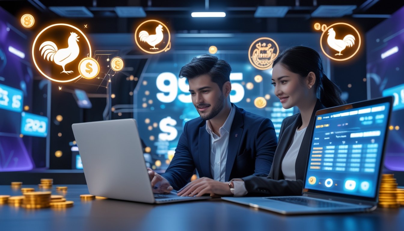 Dua orang muda menggunakan laptop dan ponsel di lingkungan digital dengan ikon ayam jago dan simbol koin, menggambarkan promosi bonus anggota baru Sabung Ayam.