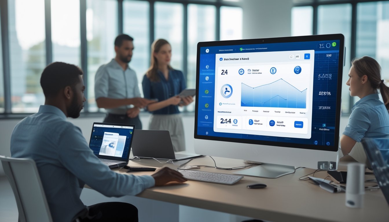 Sekelompok profesional bekerja bersama di kantor modern dengan layar komputer menampilkan antarmuka platform layanan 24 jam.