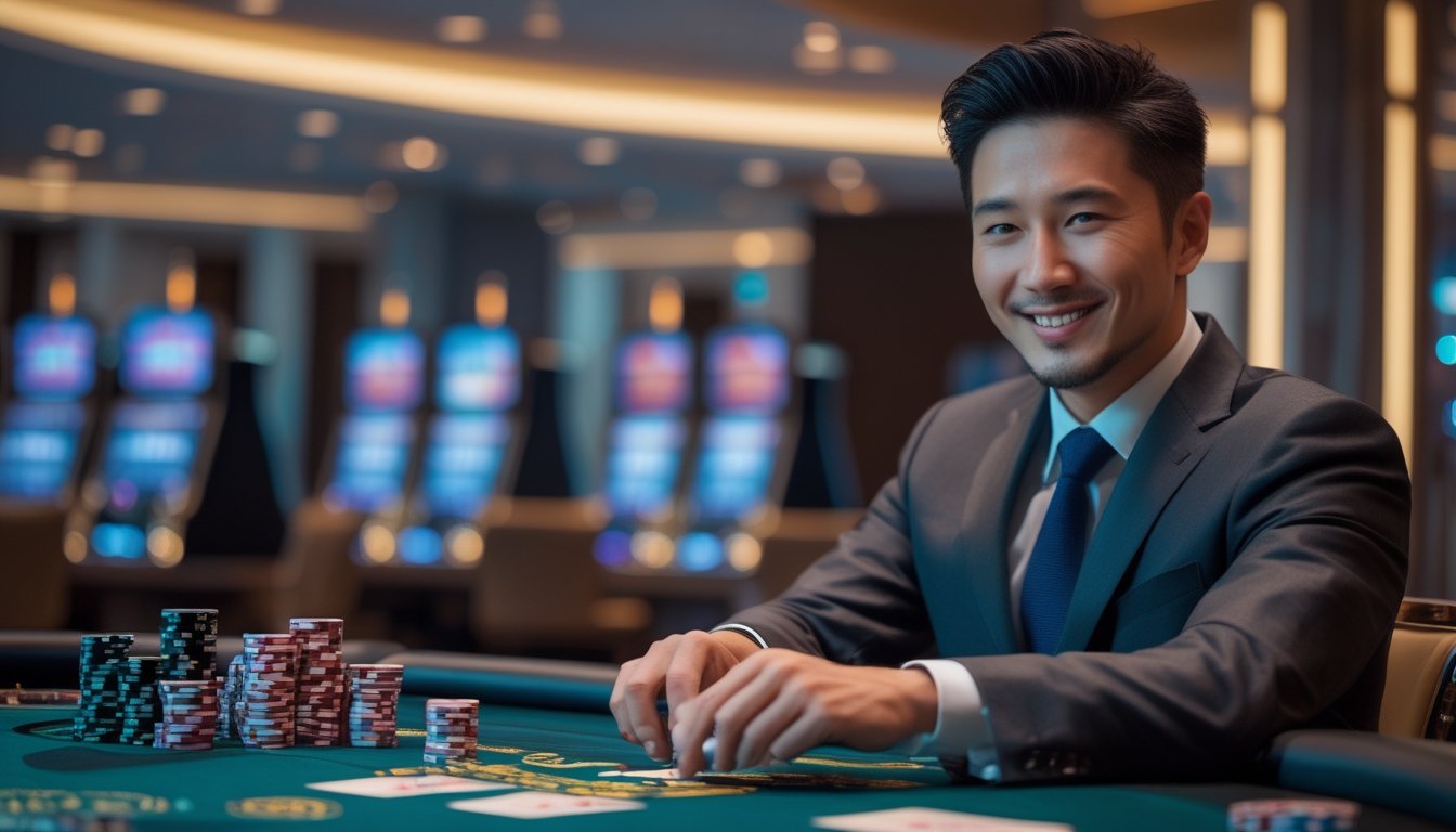 Seorang pria Asia percaya diri sebagai bandar judi di meja permainan kasino dengan kartu dan chip, di latar belakang mesin slot modern.