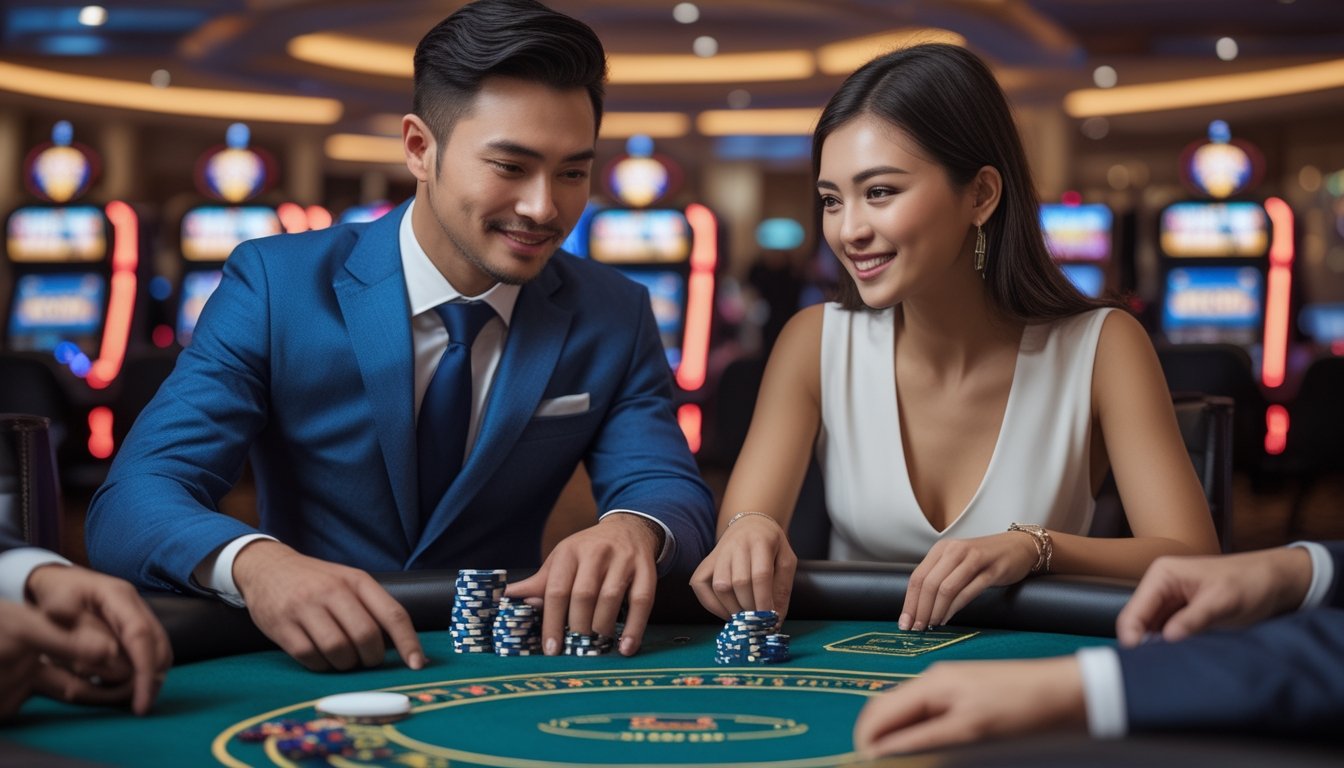 Seorang pria dan wanita Asia duduk di meja kasino bermain permainan kartu Ceme dengan tumpukan chip dan kartu, di latar belakang terlihat mesin slot dan suasana kasino yang mewah.