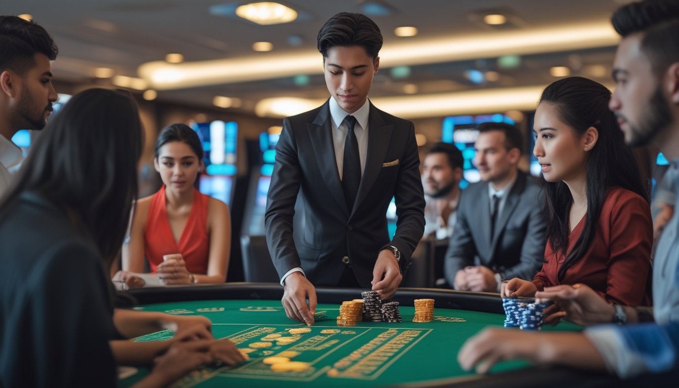 Seorang dealer kartu di meja permainan Ceme dengan beberapa pemain yang fokus dan suasana kasino modern.
