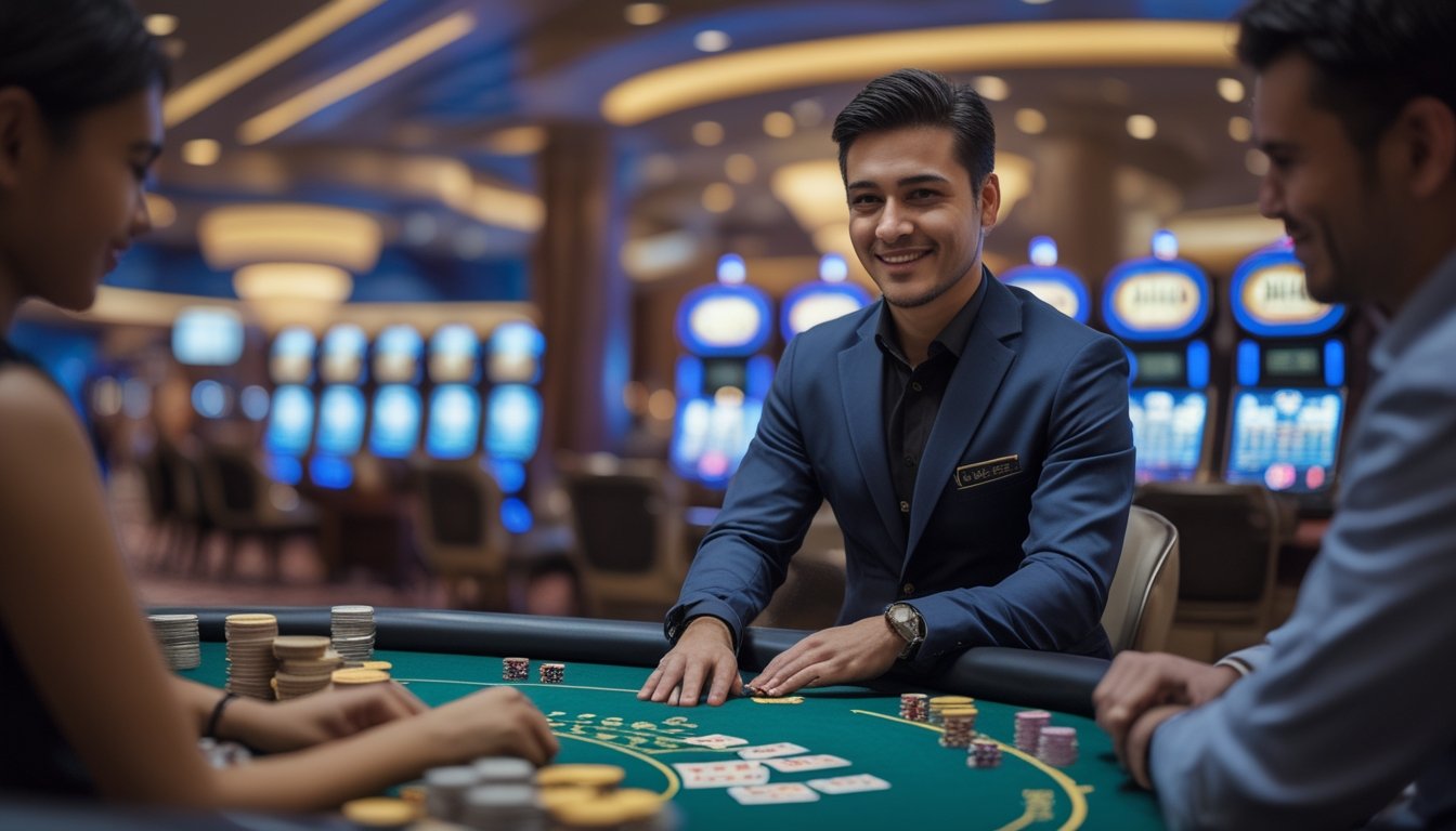 Seorang dealer sedang mengelola permainan kartu Ceme di meja kasino dengan suasana yang ramah dan profesional.