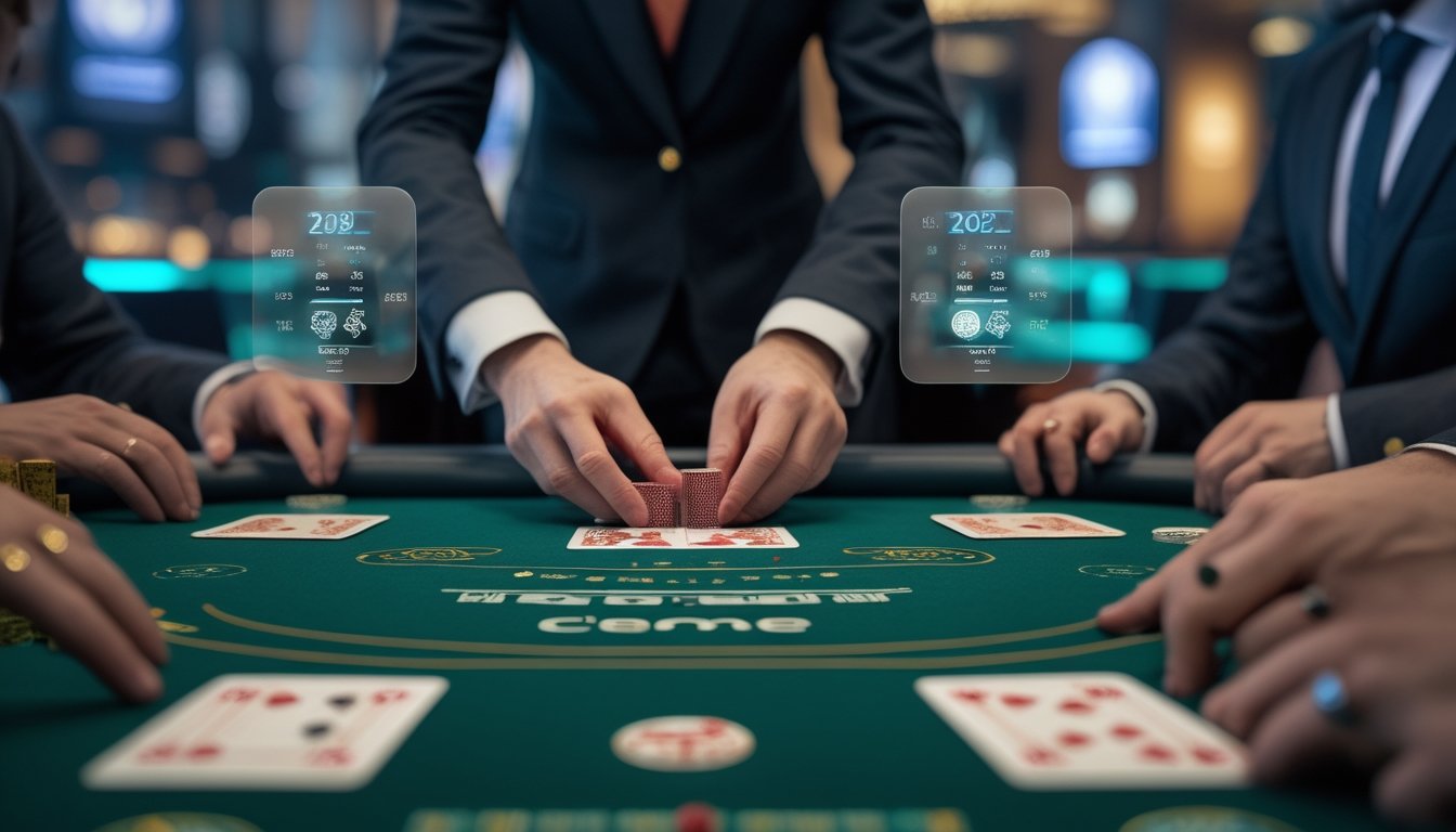 Seorang dealer sedang membagikan kartu di meja permainan Ceme dengan beberapa pemain mengamati di sekitar meja.