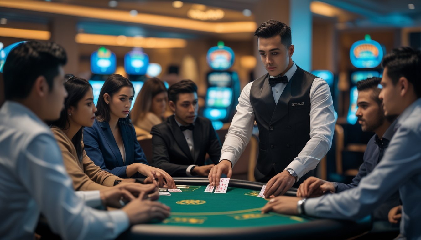 Seorang dealer membagikan kartu di meja permainan Ceme Dealer dengan beberapa pemain yang memperhatikan dan menganalisis kartu mereka.
