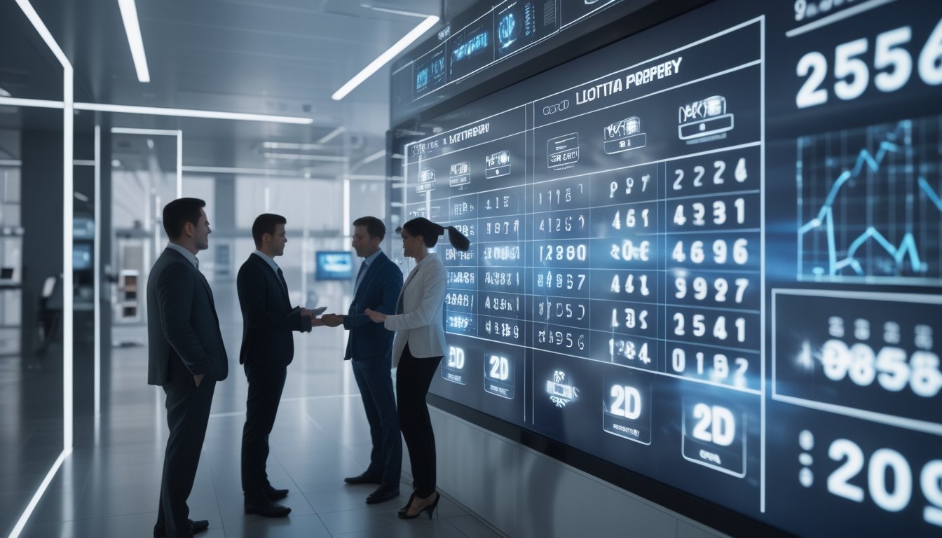 Sekelompok profesional sedang bekerja bersama di kantor modern dengan layar digital menampilkan grafik dan data terkait togel 2D.