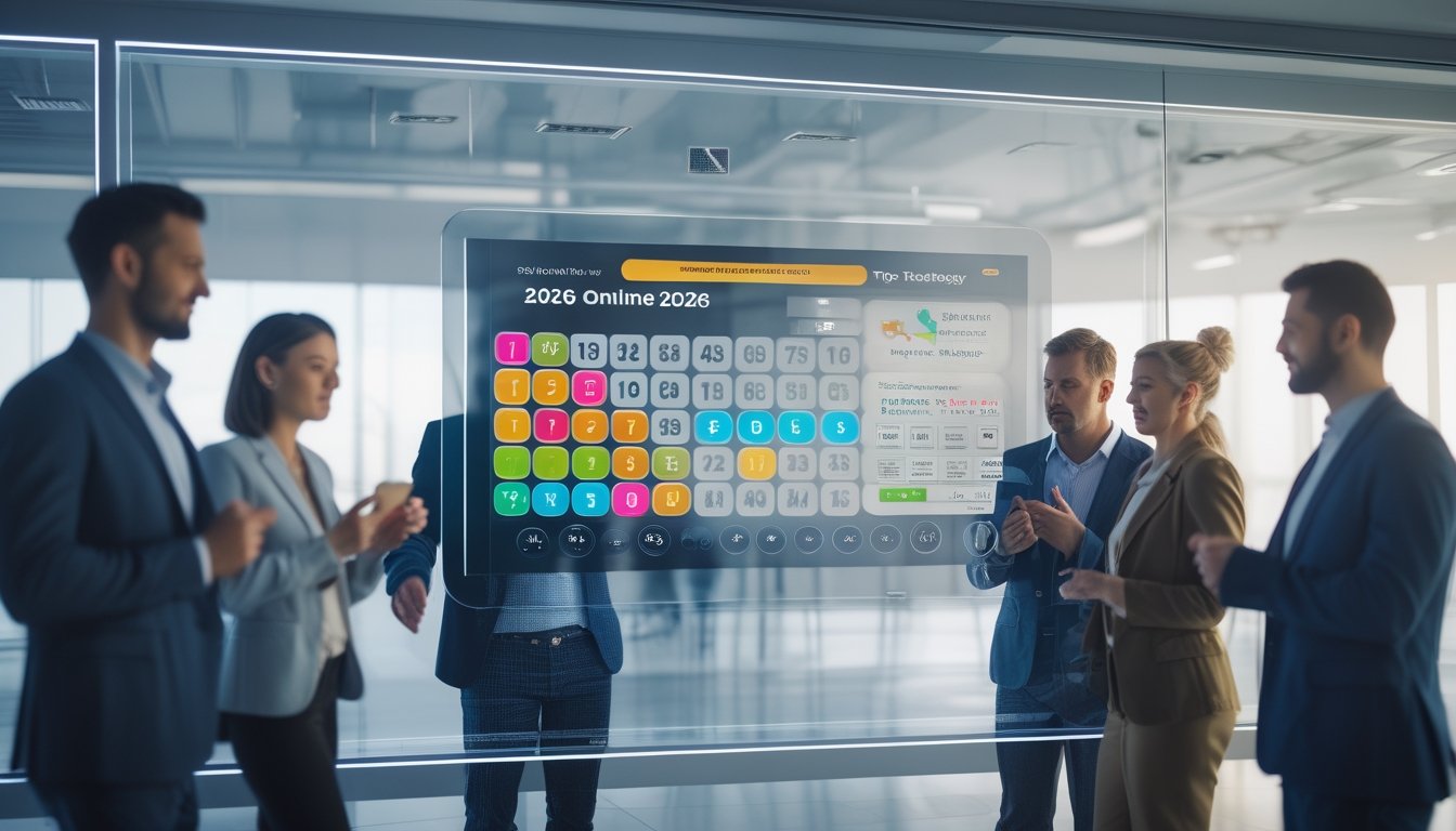 Orang-orang menggunakan layar sentuh digital di kantor modern yang terang untuk bermain lotere dengan suasana profesional dan fokus.