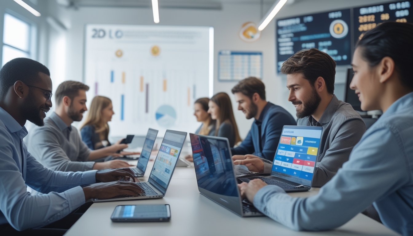 Orang-orang menggunakan perangkat digital di kantor modern yang terang untuk bermain togel online dengan suasana profesional dan fokus.