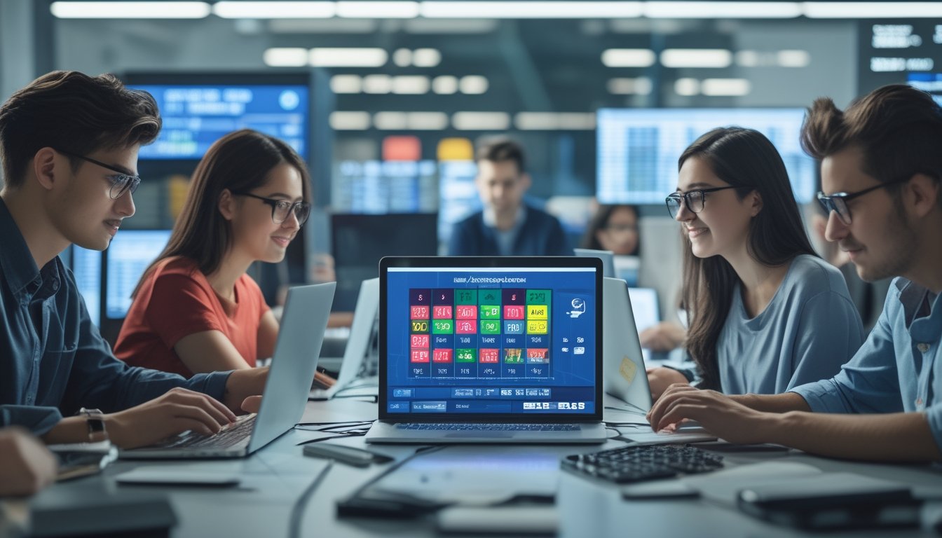 Sekelompok orang muda menggunakan laptop dan ponsel di ruang kantor modern yang terang, berfokus pada aktivitas taruhan togel online.