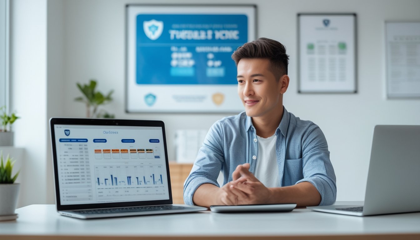 Seorang pria muda duduk di meja kerja dengan laptop dan ponsel, sedang menganalisis data terkait taruhan togel 2D dalam ruangan kantor yang terang dan rapi.