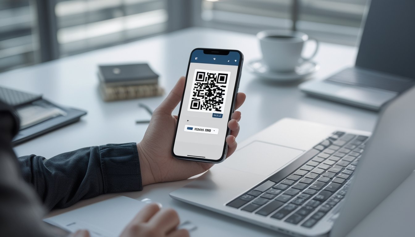 Tangan memegang ponsel dengan kode QR di layar di atas meja kerja modern.