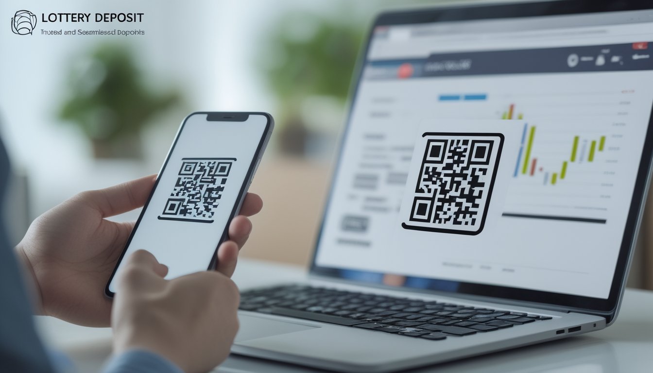 Tangan memegang ponsel dengan kode QR di layar, latar belakang menampilkan tiket togel dan laptop dengan grafik keuangan.