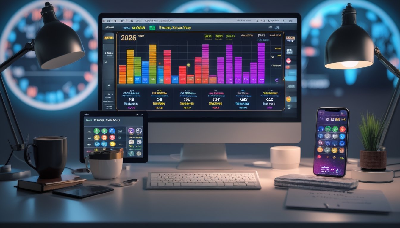 Meja kerja modern dengan komputer menampilkan grafik dan angka hasil togel dari pasar Hongkong, Sydney, dan Singapura tahun 2026, dilengkapi dengan kopi, ponsel, dan alat tulis.
