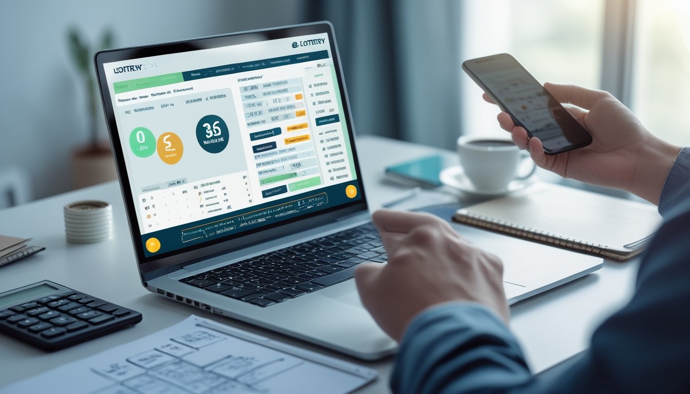 Meja kerja modern dengan laptop yang menampilkan antarmuka digital terkait togel, tangan seseorang memegang ponsel, dan alat tulis di sekitar meja.
