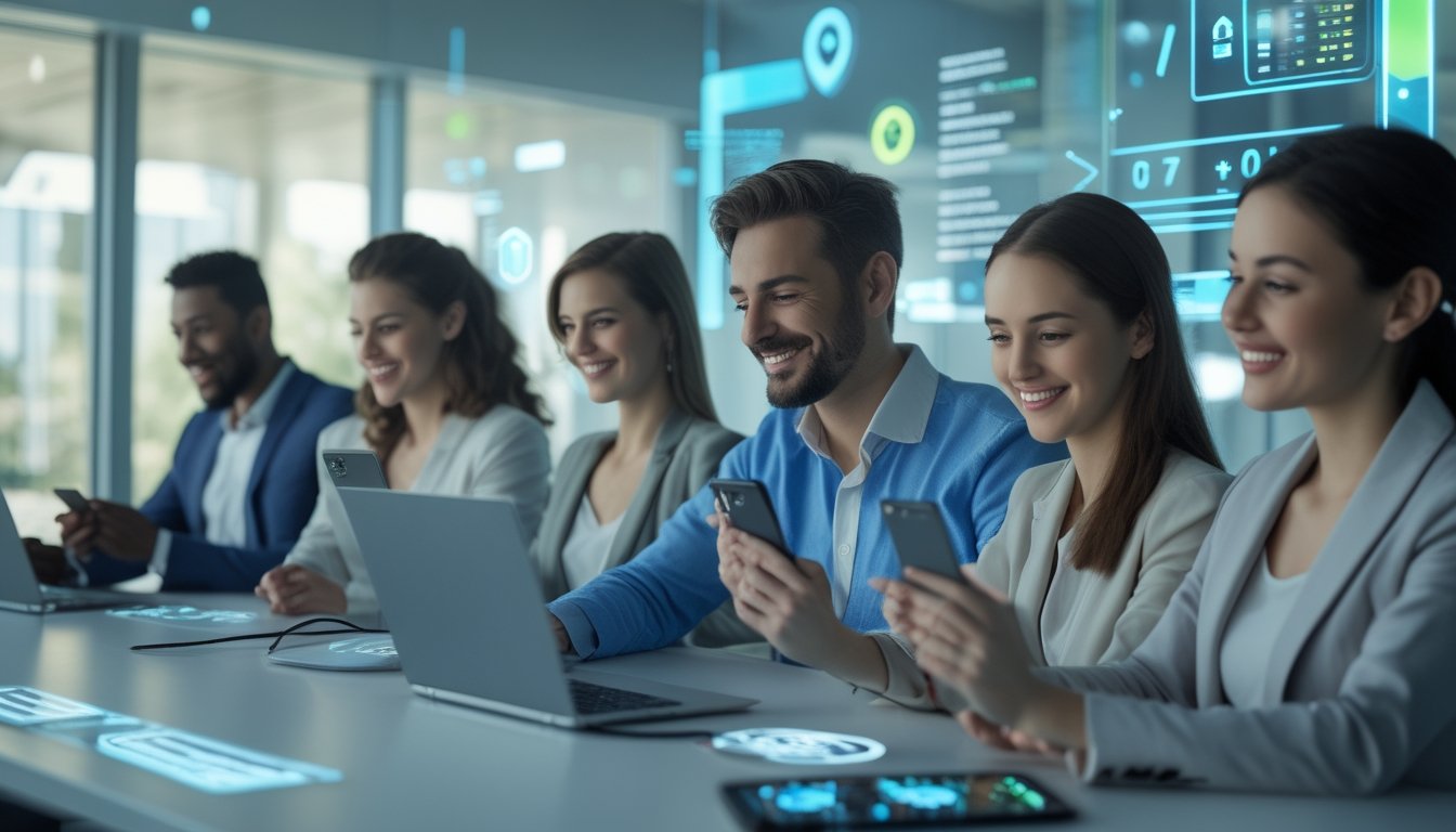 Beberapa orang menggunakan perangkat digital di ruang kerja modern yang terang, fokus pada aktivitas bermain togel dengan suasana yang aman dan terpercaya.