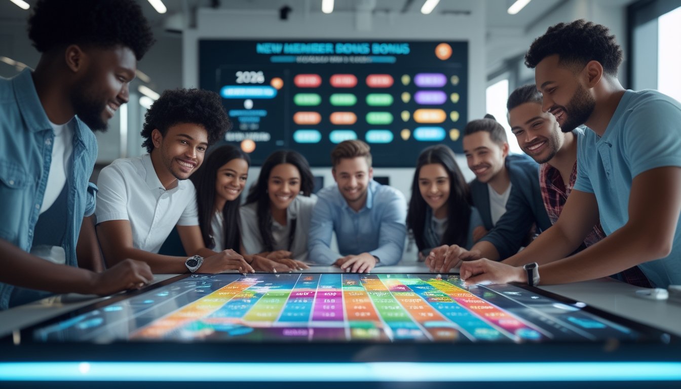 Sekelompok orang muda di kantor modern sedang melihat layar digital dengan angka togel 2D dan grafik warna-warni.