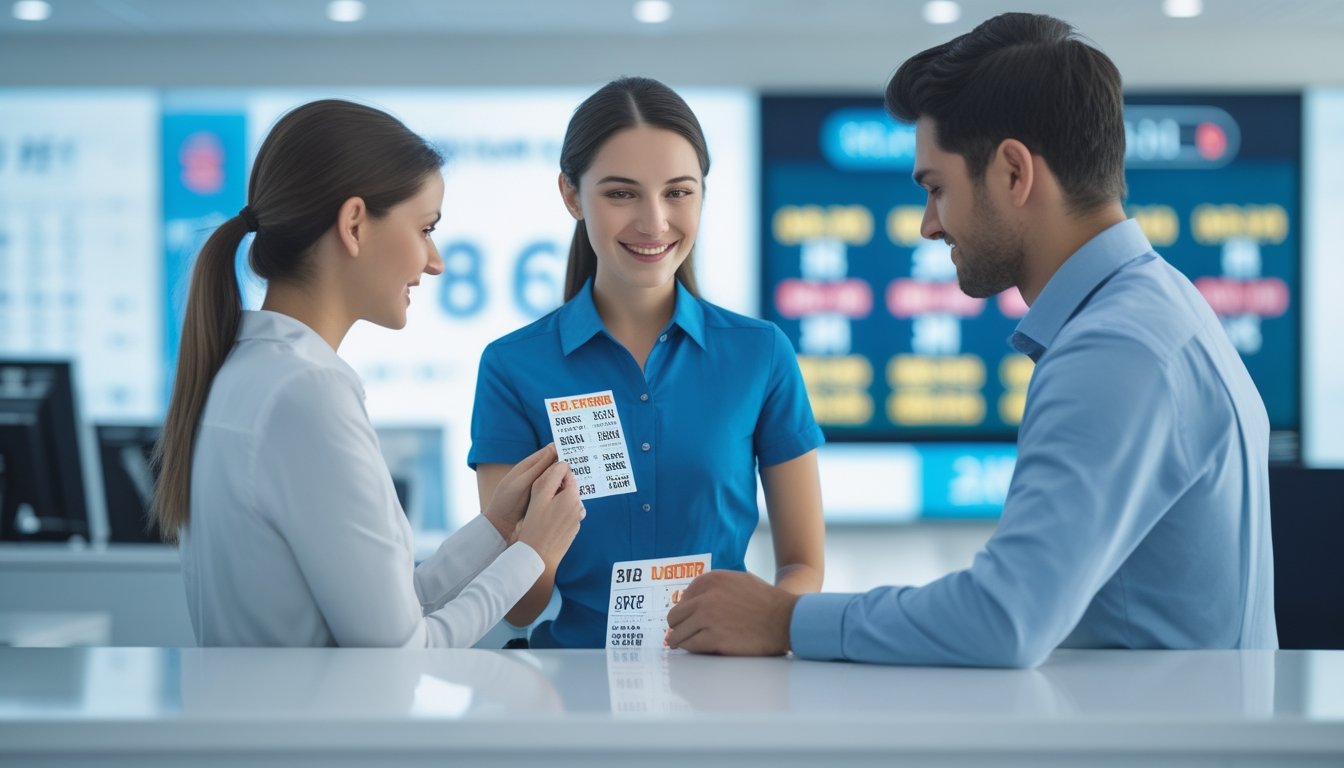 Seorang staf profesional membantu pelanggan dengan tiket lotere di sebuah kantor yang rapi dan terang.