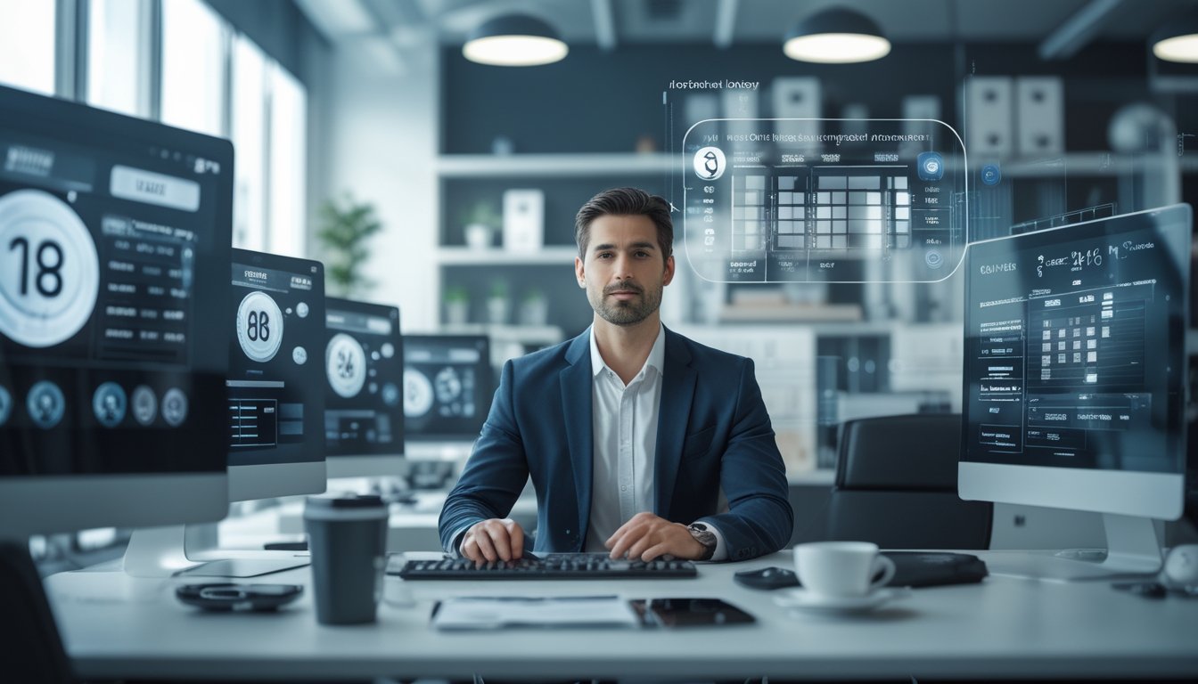 Seorang pria profesional duduk di meja kantor dengan beberapa layar komputer yang menampilkan angka dan grafik lotere, menggambarkan proses kerja bandar togel 2D.