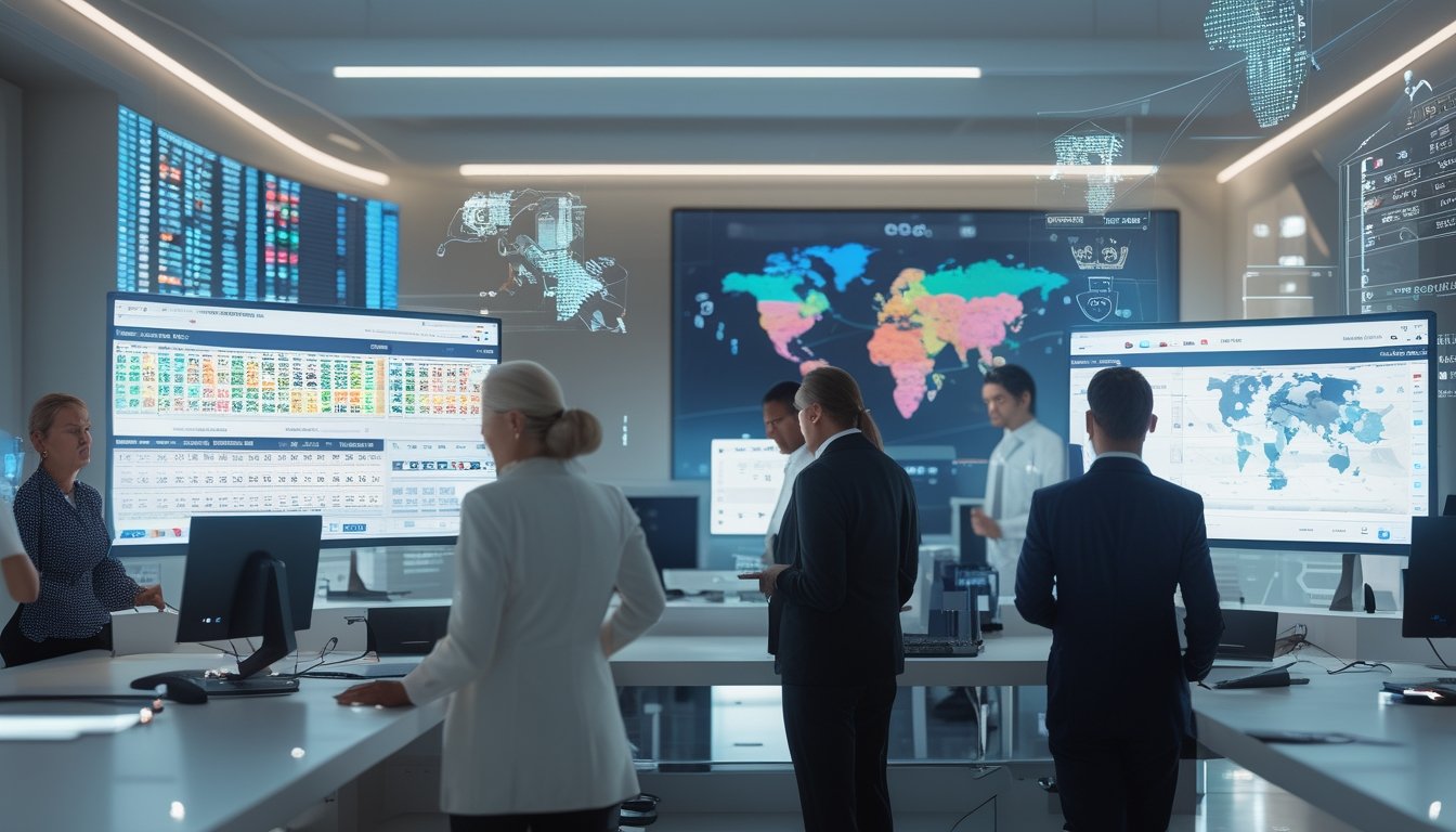 Sekelompok orang sedang bekerja dengan komputer dan layar digital yang menampilkan data lotere dan peta dunia di sebuah kantor modern.