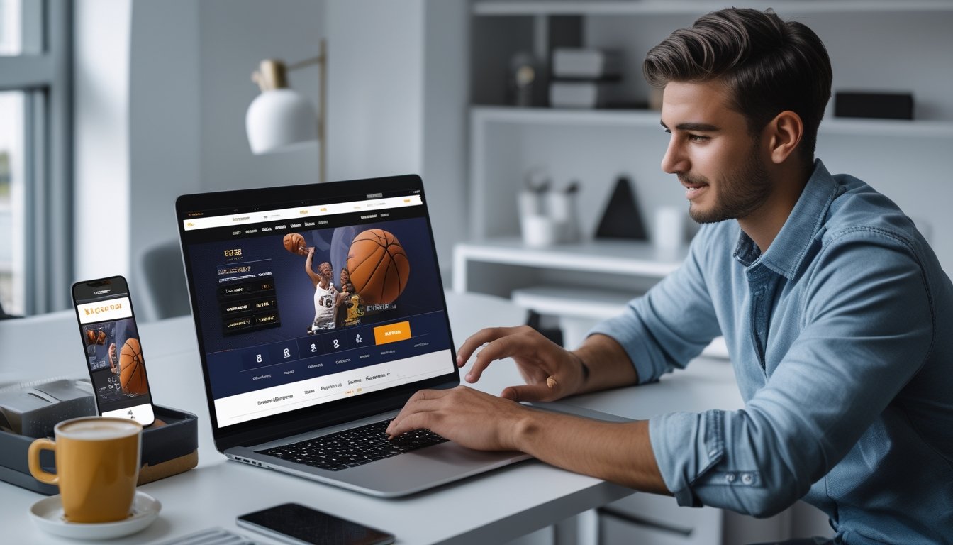 Seseorang menggunakan laptop di meja kerja dengan tampilan situs taruhan bola basket terbuka di layar, di sekitarnya ada ponsel dan cangkir kopi.