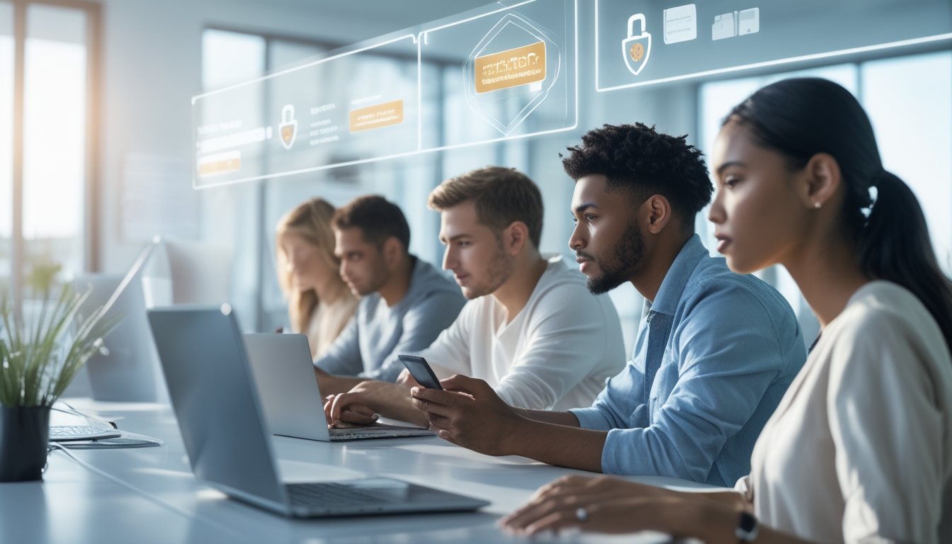Beberapa orang muda menggunakan laptop dan ponsel untuk mendaftar akun judi basket secara online di ruang kantor yang terang dan modern.