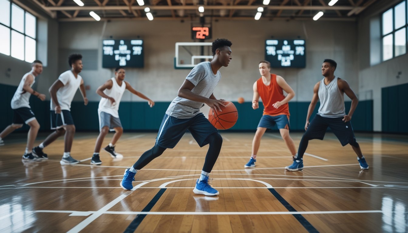 Beberapa pemain basket sedang bermain di lapangan basket dalam ruangan dengan suasana yang energik.
