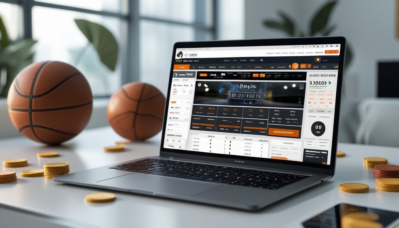 Seorang pria menggunakan laptop di meja kerja dengan layar menampilkan situs taruhan bola basket, dikelilingi bola basket dan chip taruhan.