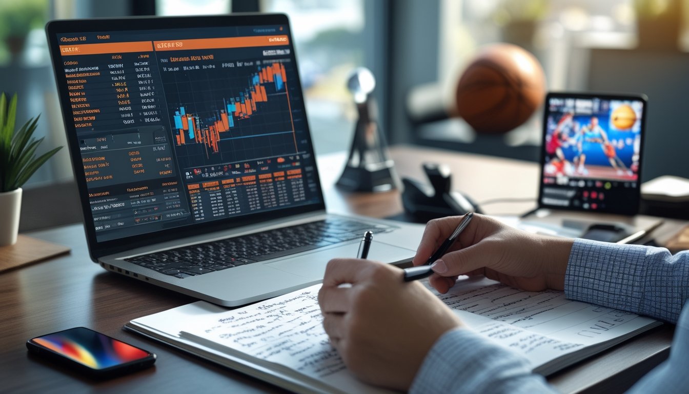 Meja kerja dengan laptop yang menampilkan statistik bola basket, tangan memegang pena di atas buku catatan, dan ponsel yang menayangkan pertandingan bola basket secara langsung.