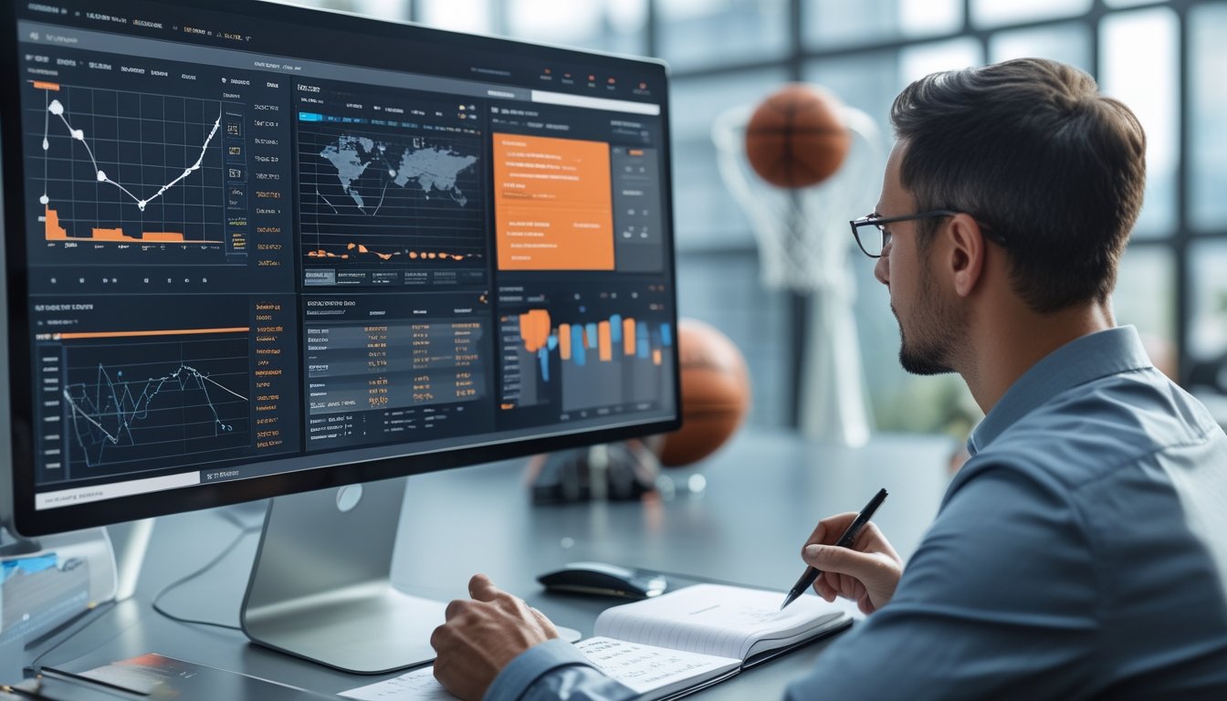 Seseorang sedang menganalisis data taruhan judi basket di depan komputer dengan alat tulis dan bola basket di meja.