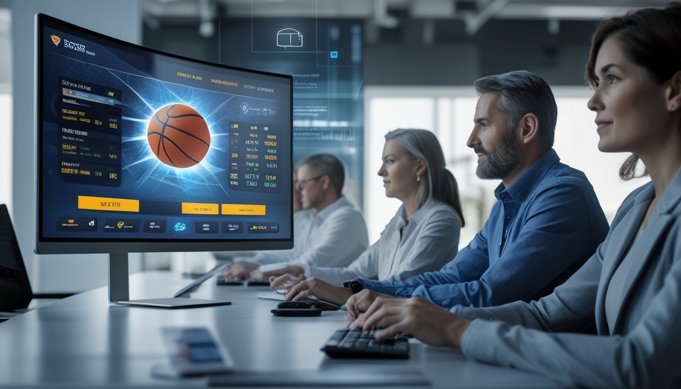 Orang-orang di ruang kerja modern sedang menggunakan komputer dengan tampilan permainan bola basket dan elemen keamanan digital.
