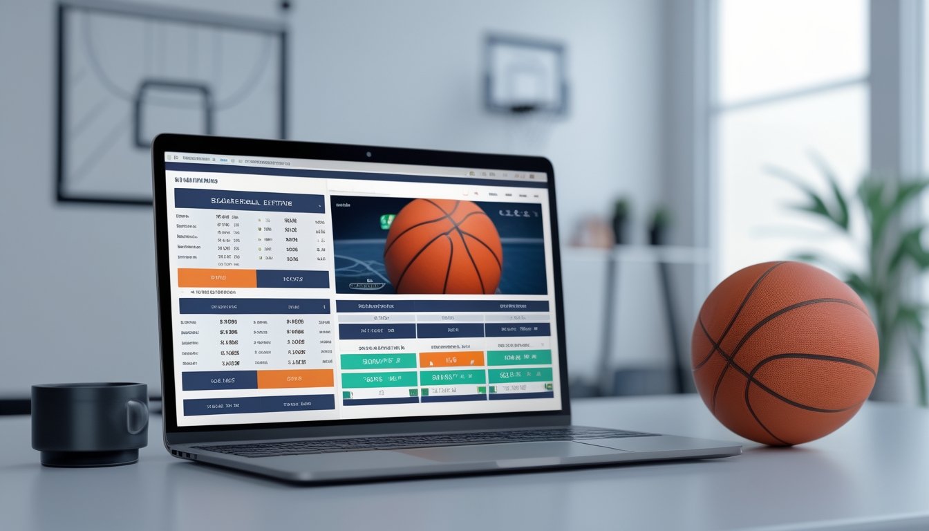 Antarmuka digital modern yang menampilkan platform taruhan bola basket online dengan laptop dan ponsel di ruang kerja yang bersih dan terang.