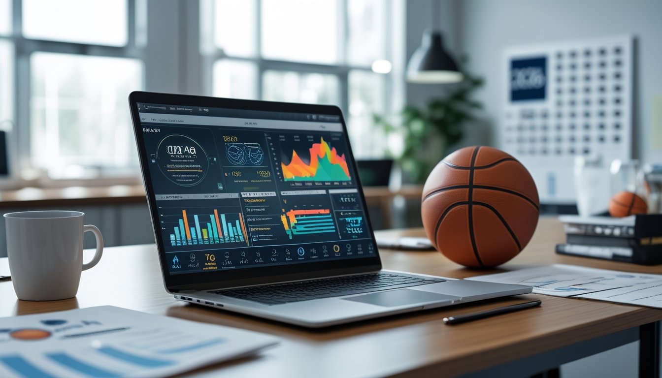 Meja kerja dengan laptop yang menampilkan statistik pertandingan basket, grafik, dan bola basket di sampingnya di sebuah kantor terang.