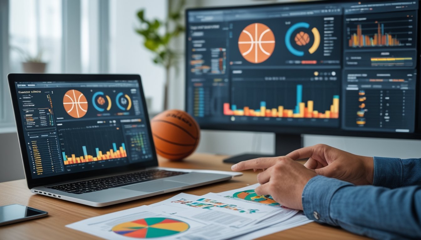 Seorang analis sedang melihat data statistik pertandingan basket di laptop dengan bola basket dan laporan di meja.