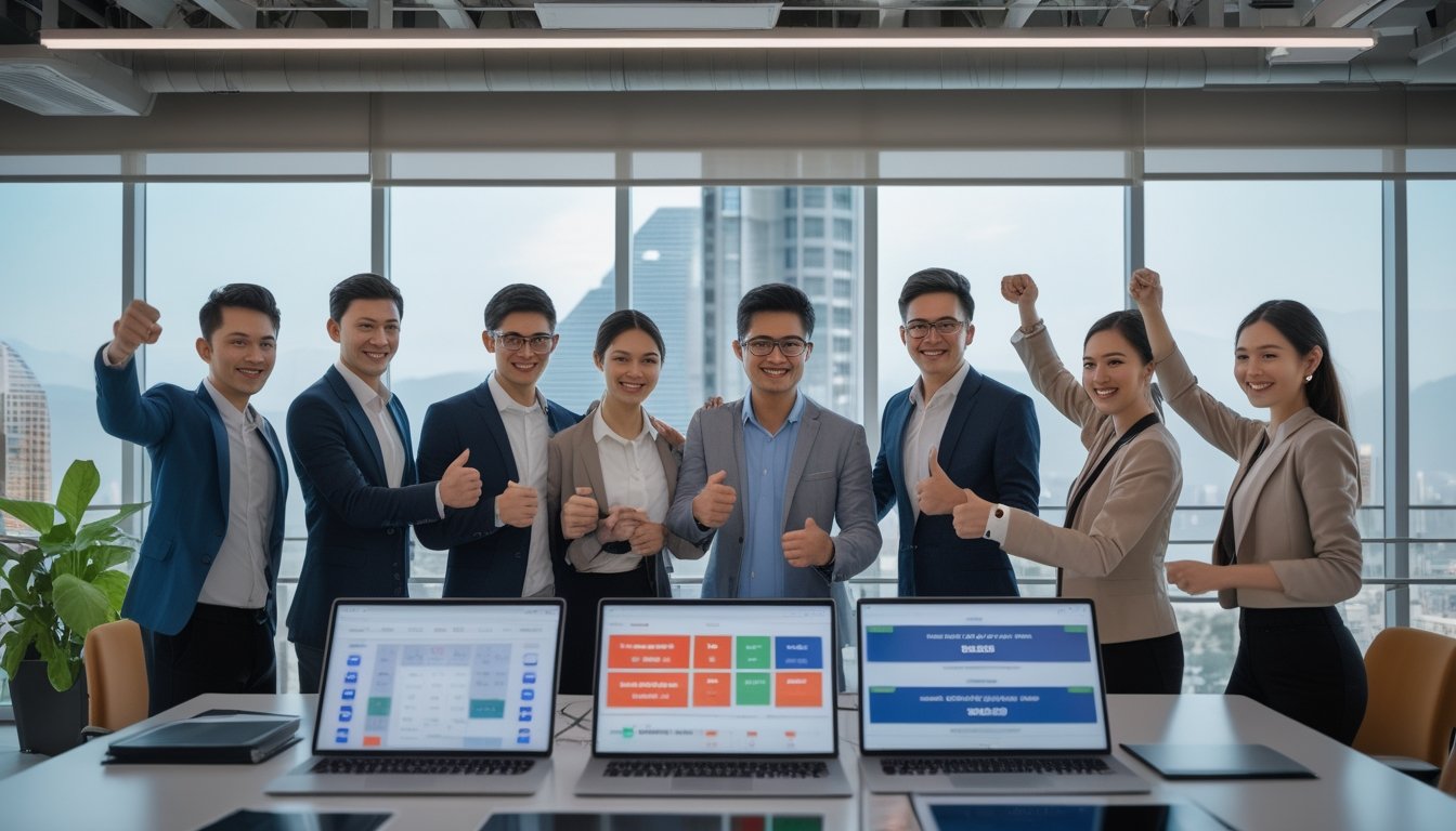 Sekelompok orang muda yang percaya diri sedang berdiskusi dan merayakan keberhasilan di kantor modern dengan perangkat digital yang menampilkan statistik dan peluang taruhan bola basket.