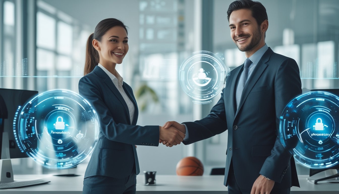 Seorang pria dan wanita bisnis berjabat tangan di kantor modern dengan latar belakang grafik digital dan ikon transaksi yang aman.