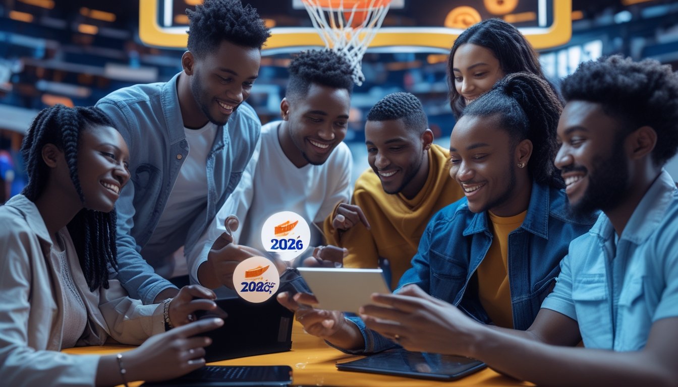 Sekelompok orang muda berkumpul di sekitar perangkat digital dengan latar belakang lapangan basket, tampak bersemangat dan merayakan keberhasilan klaim bonus.