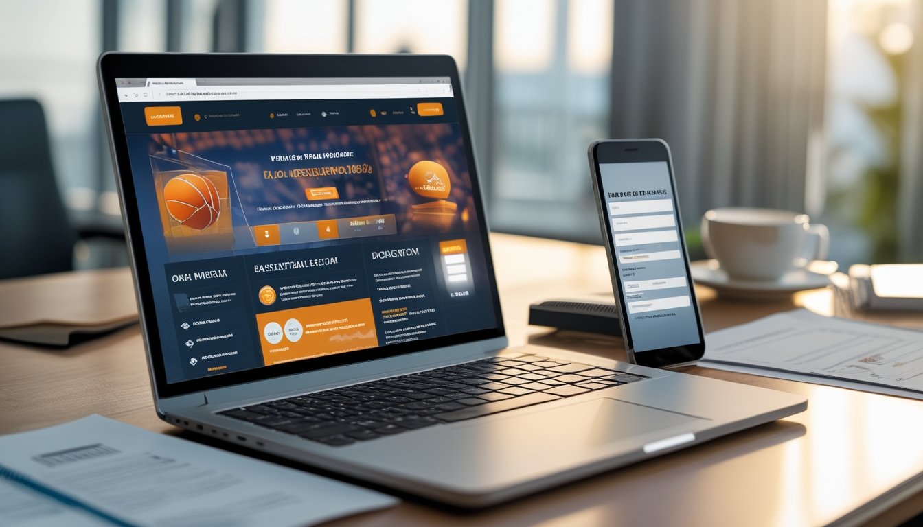 Meja kerja modern dengan laptop yang menampilkan situs web bertema bola basket, dokumen, ponsel, dan secangkir kopi di dekat jendela dengan cahaya alami.