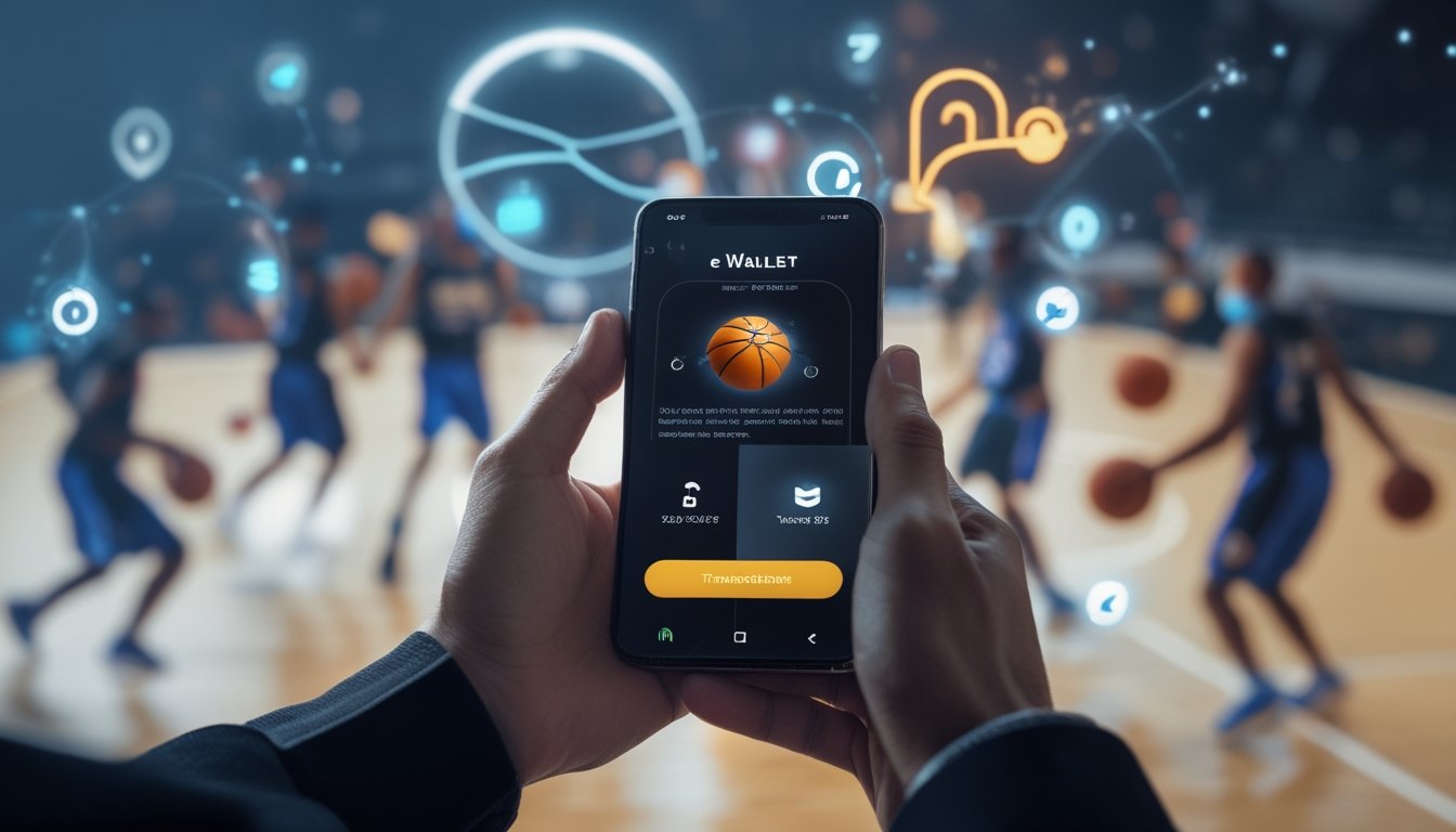 Tangan memegang ponsel dengan aplikasi e-wallet terbuka dan latar belakang lapangan basket dengan pemain yang sedang bermain.