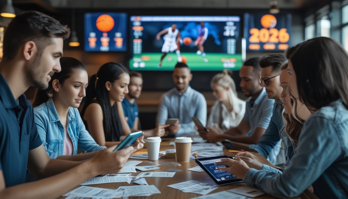 Sekelompok orang muda di bar olahraga menonton pertandingan bola basket sambil menggunakan tablet dan ponsel untuk menganalisis taruhan.