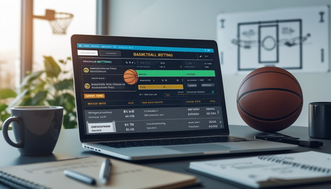 Meja kerja dengan laptop yang menampilkan peluang taruhan basket, bola basket, buku catatan, dan secangkir kopi.
