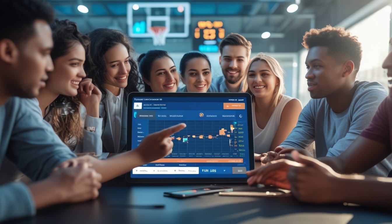 Sekelompok orang muda sedang melihat jadwal pertandingan bola basket di perangkat digital dengan latar belakang lapangan bola basket yang sedang berlangsung.