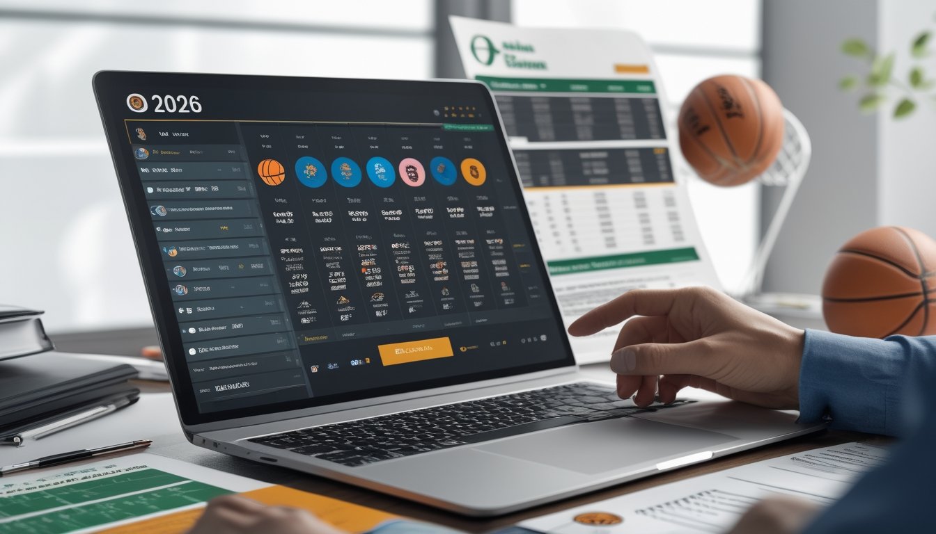 Meja kerja dengan laptop yang menampilkan jadwal pertandingan basket dan dokumen statistik, seseorang menunjuk layar komputer.
