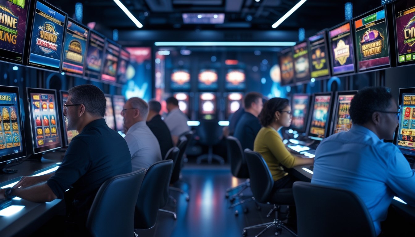 Beberapa orang dewasa sedang bermain permainan slot online di komputer di sebuah ruang modern yang terang dan nyaman.