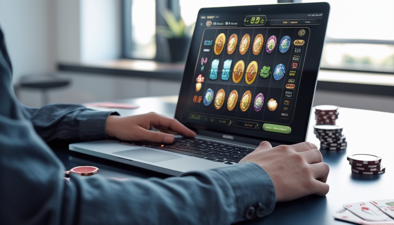 Seseorang menggunakan laptop dengan tampilan permainan slot online di layar dalam suasana kerja yang rapi dan profesional.