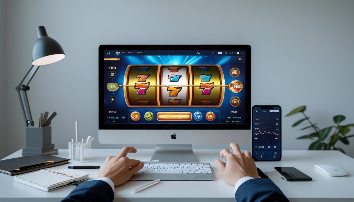 Seorang pemain menggunakan komputer dengan layar menampilkan permainan mesin slot online, di meja terdapat catatan dan ponsel yang menunjukkan grafik.