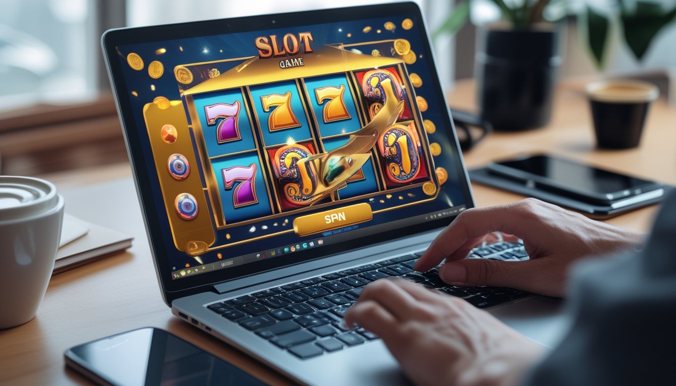 Seseorang bermain permainan slot online di laptop dengan layar menampilkan gulungan mesin slot berwarna-warni di meja kerja.