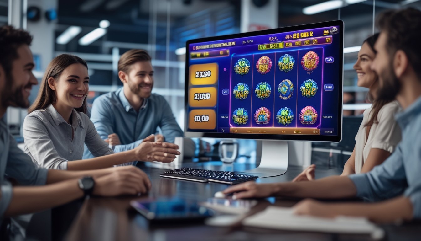 Sekelompok orang muda sedang menggunakan komputer dengan layar menampilkan permainan slot online yang berwarna-warni di sebuah kantor modern.