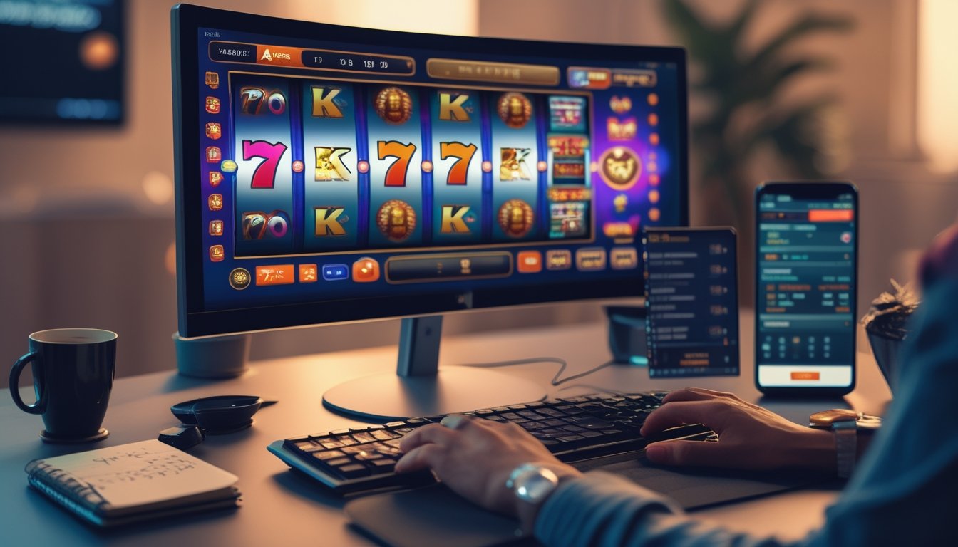 Sebuah meja gaming modern dengan monitor besar menampilkan permainan slot online, tangan seseorang menggunakan mouse dan keyboard, di sekitar meja terdapat catatan dan ponsel.